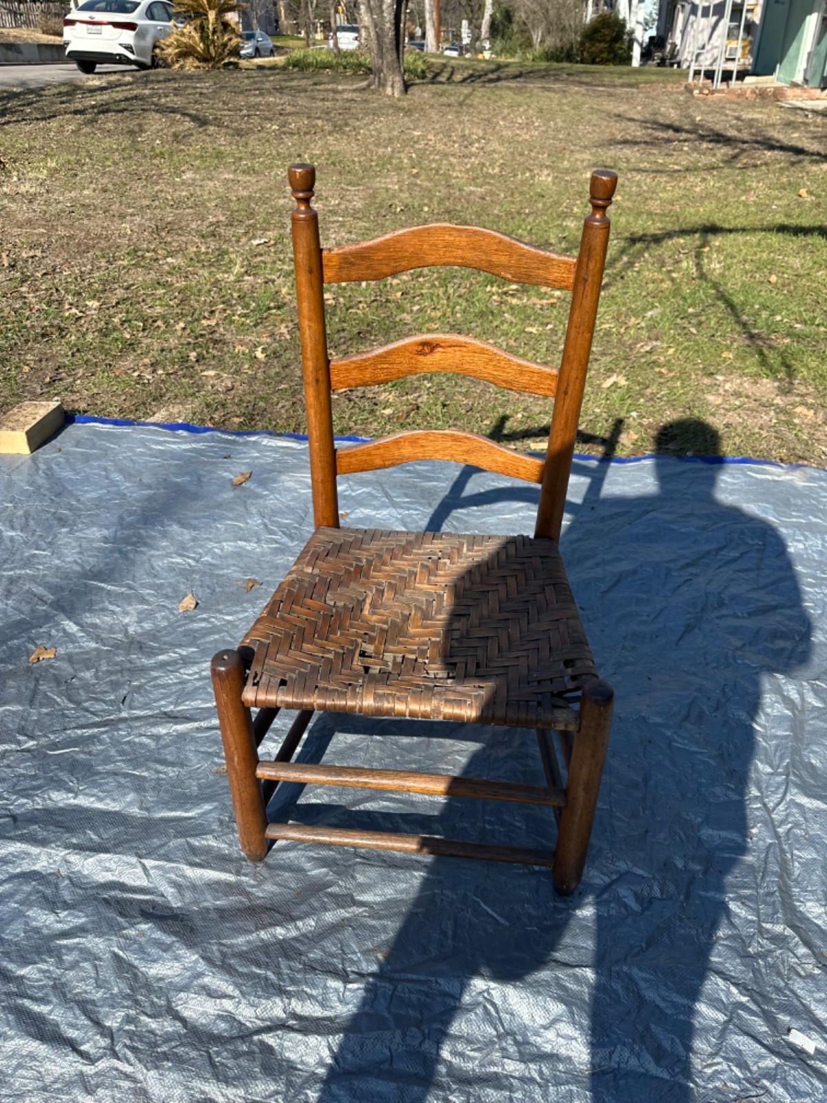 Antique  Primitive Early American Childs Ladder Back Chair Woven Splint Seat 34"