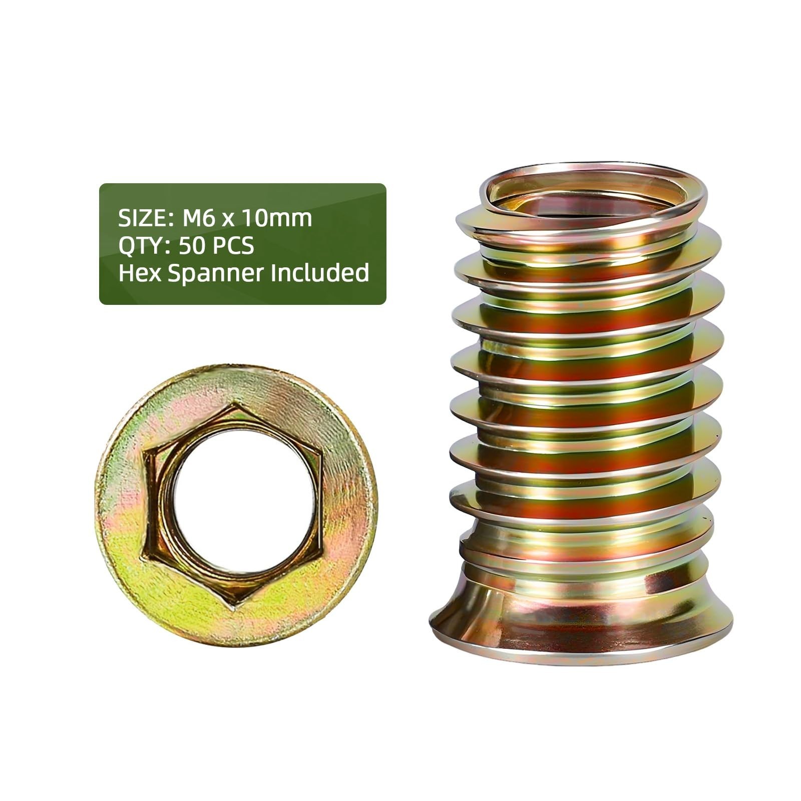 50 PCS M6-1.0 x 10mm Threaded Inserts for Wood Professional Threaded Insert N...