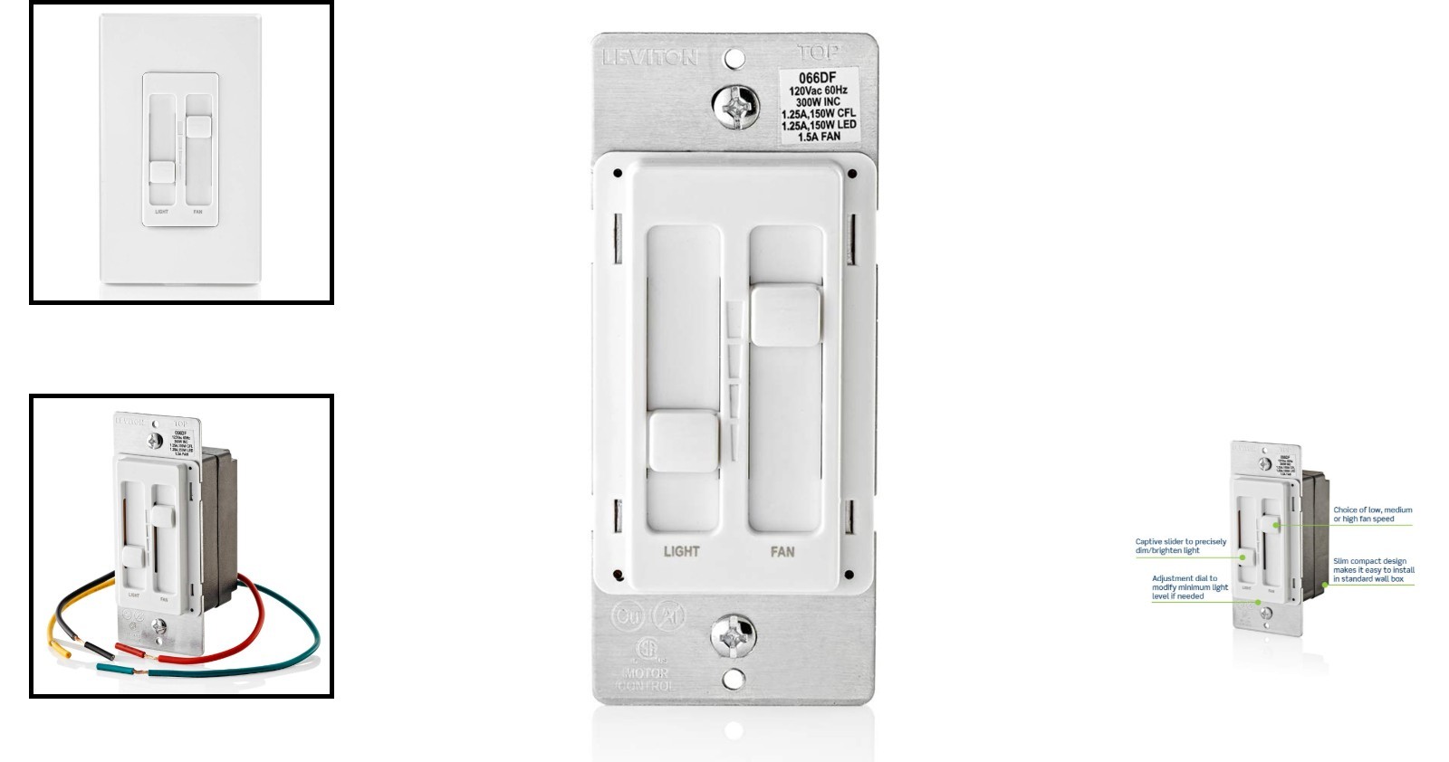 Convenient Dual Control Fan & Light Dimmer Switch - White, 150W LED Rated