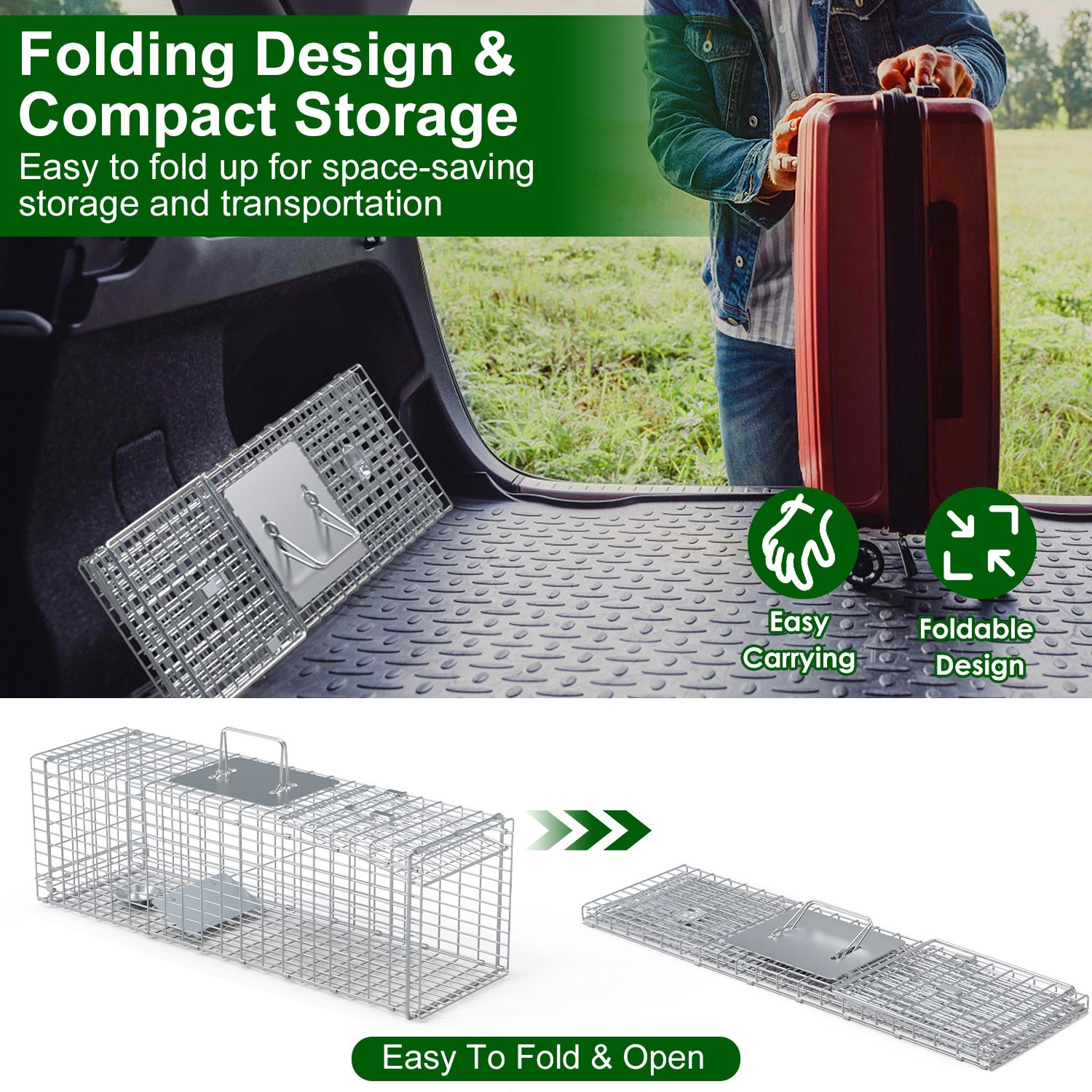 Portable Animal Trap Cage Catch and Release Steel Humane 27x7.5x8in Cat Trap US