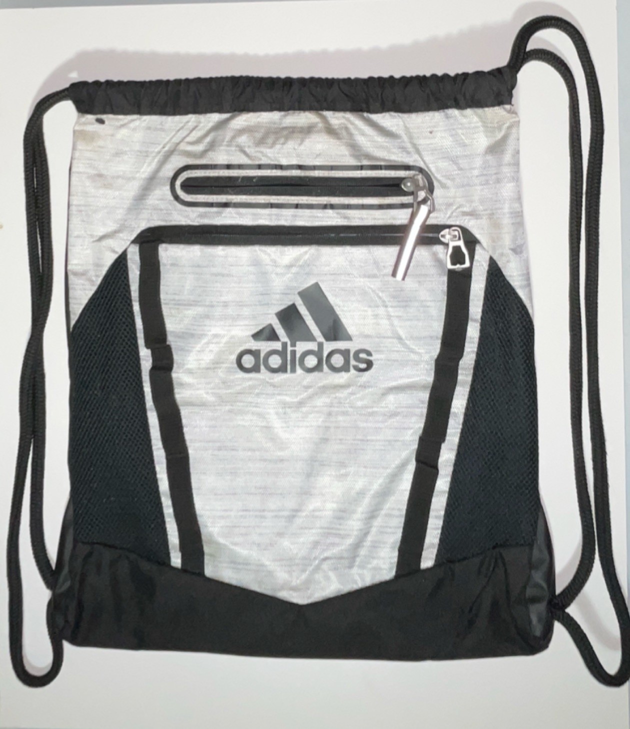 adidas Gray Black Drawstring Gym Bag Polyester 3 Pockets Adjustable Strap Mesh
