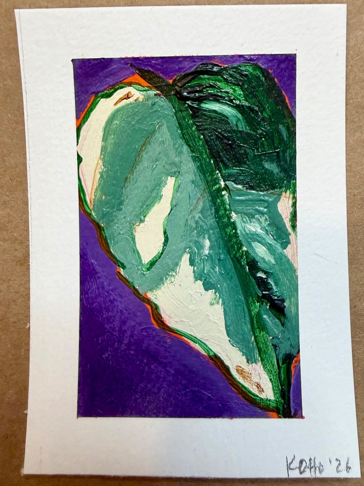 ACEO Art Card Acrylic Painting of a Philodendron leaf Signed Original OOAK