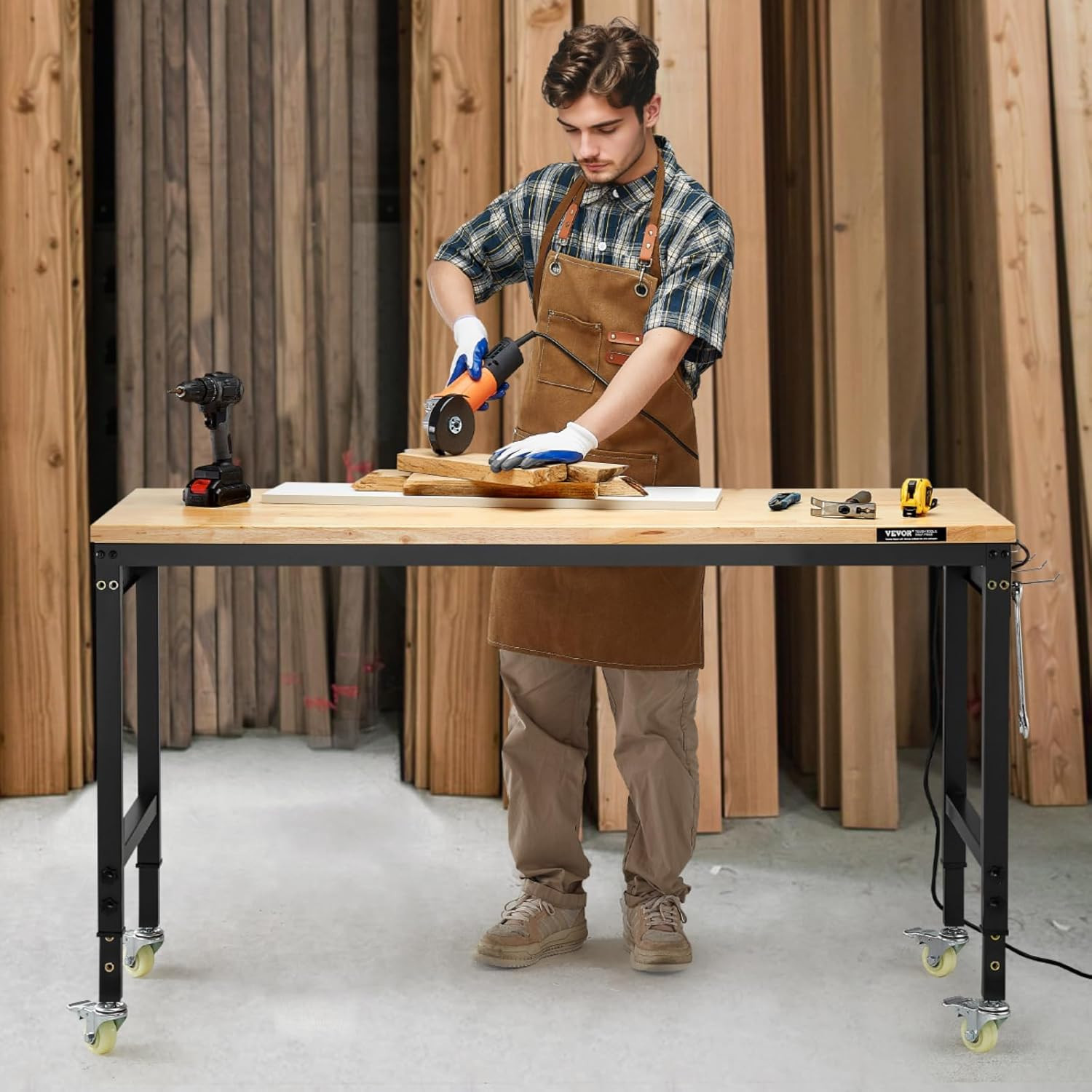 Adjustable Workbench, 60 Inch Work Bench with Power Outlet, Wheels, and Pegboard