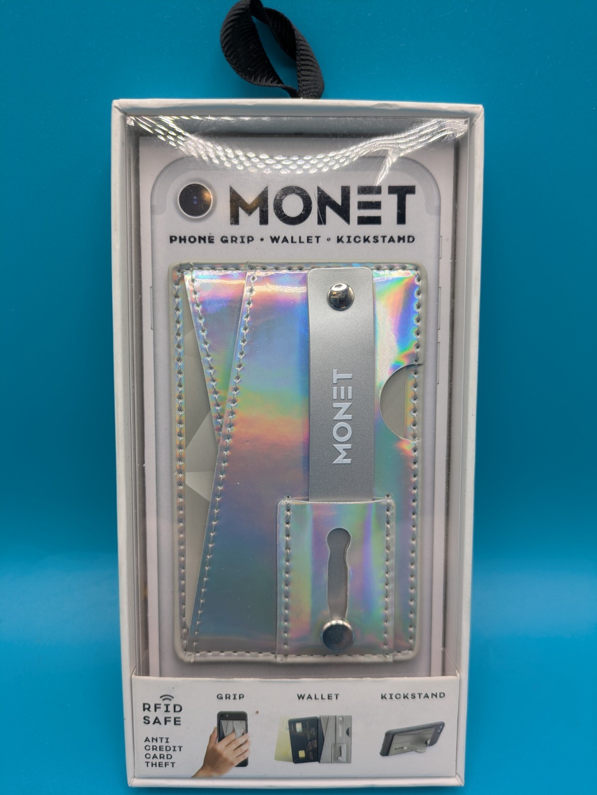 NEW Monet RFID Safe 3-in-1 Phone Grip Wallet Card Holder Kickstand Shiny Silver
