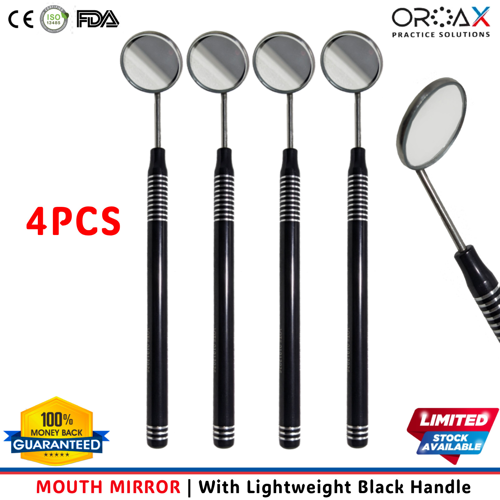 Juego de Espejo Dental Exploración Mango de Aluminio Negro OROAX  4 Pzas