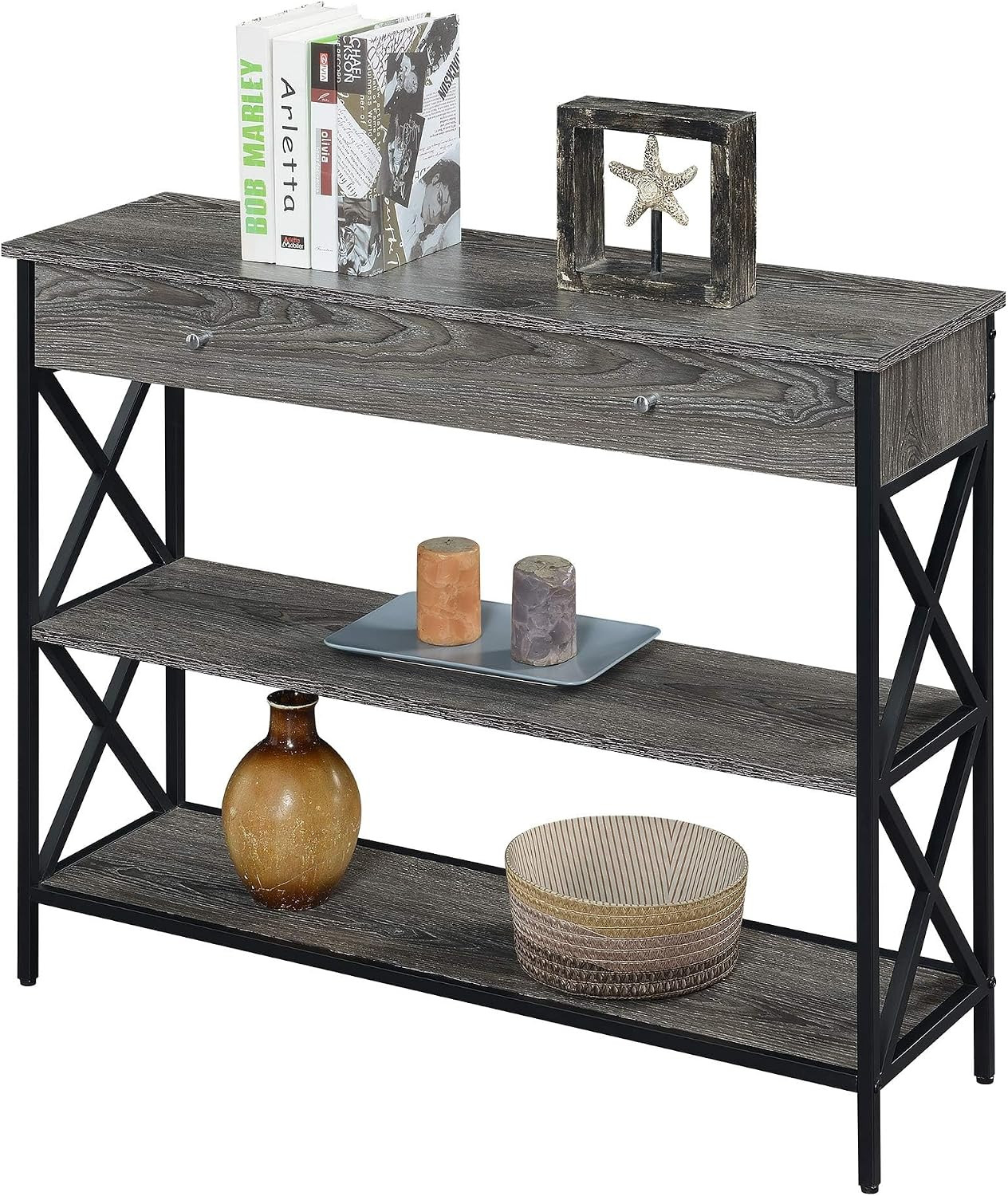 Tucson 1-Drawer Console Table with Shelves, Weathered Gray/Black