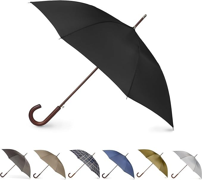 totes Auto Open Wooden Handle J Stick Umbrella, Black