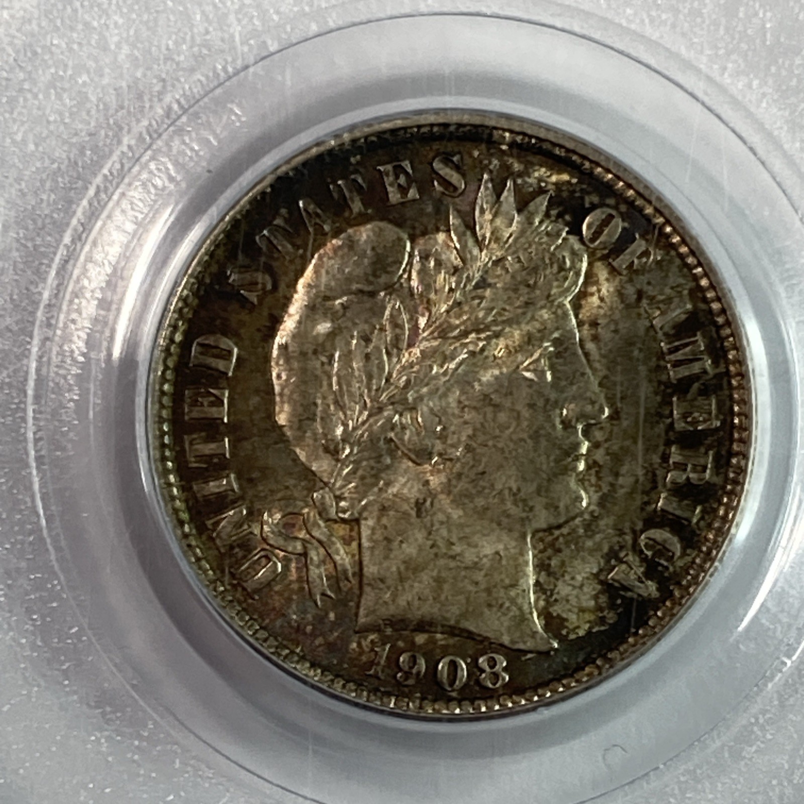 1908 BARBER DIME PCGS MS64 Amazing Toning