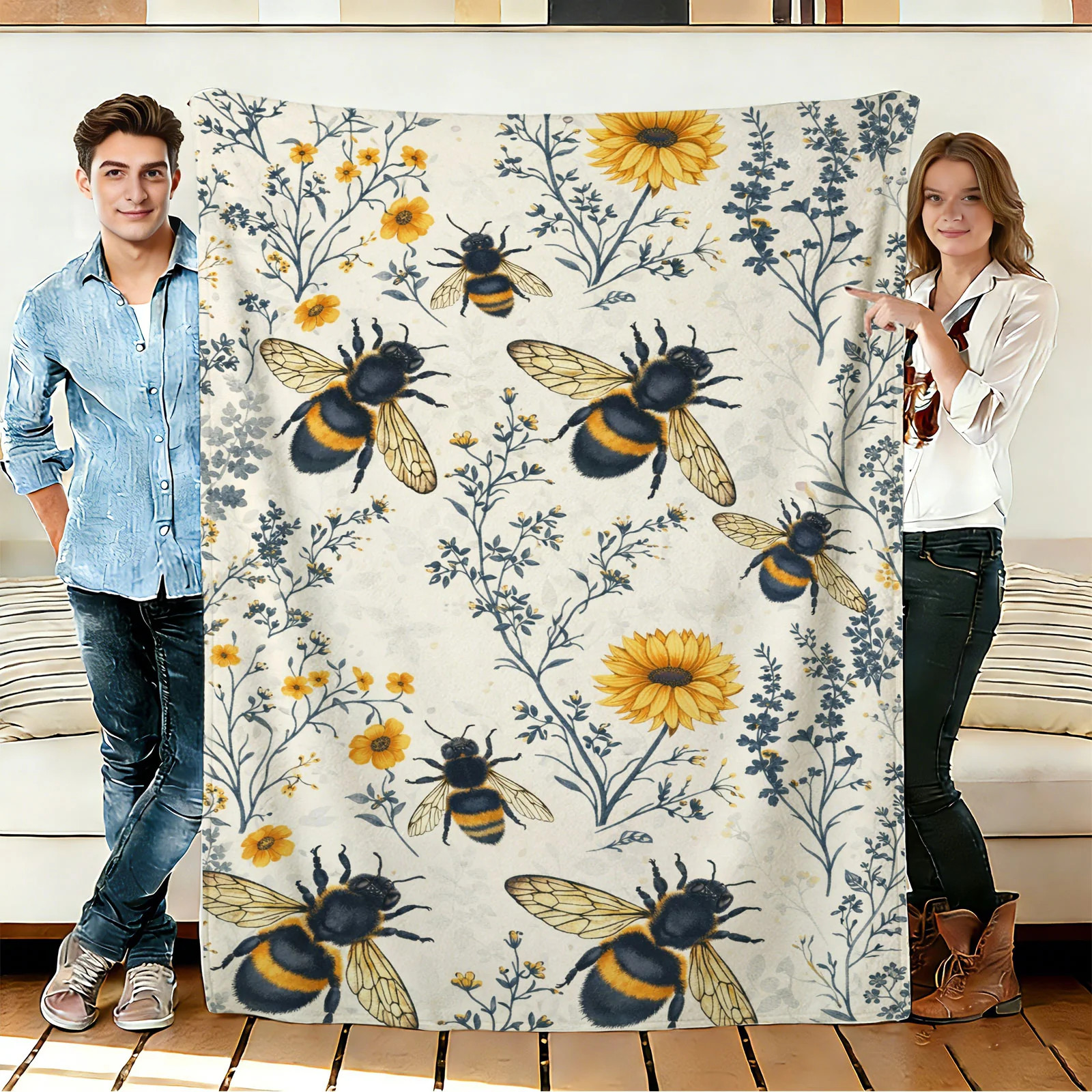 Bee and Sunflower Flannel Blanket Soft Cozy Throws Napping Travel Use