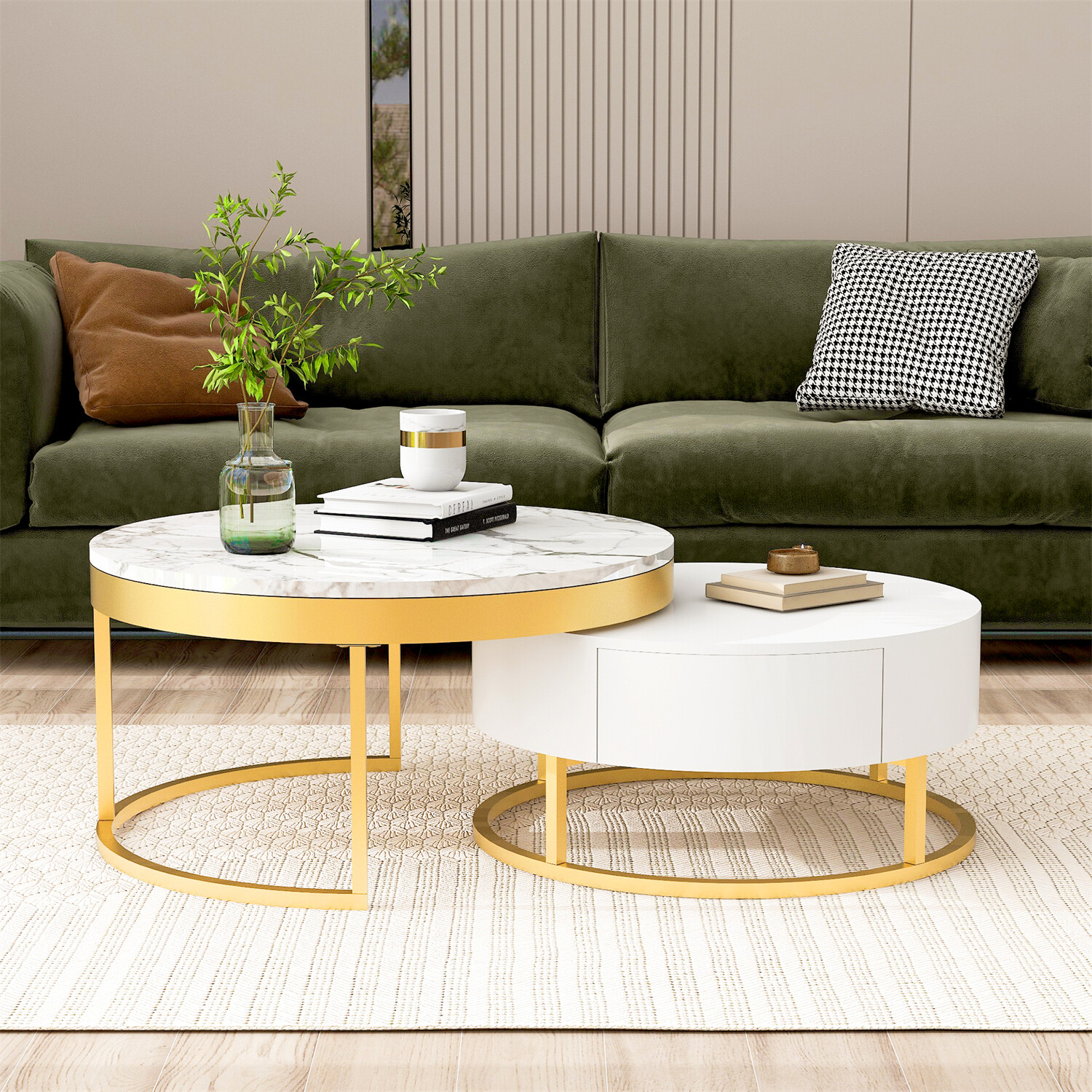 Modern Round Nesting Coffee Table Center Cocktail Table End Table w/ 2 Drawer