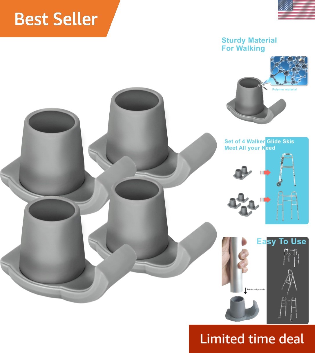 Walker Ski Glides, 4 Pack - Durable Accessories for Enhanced Senior Mobility