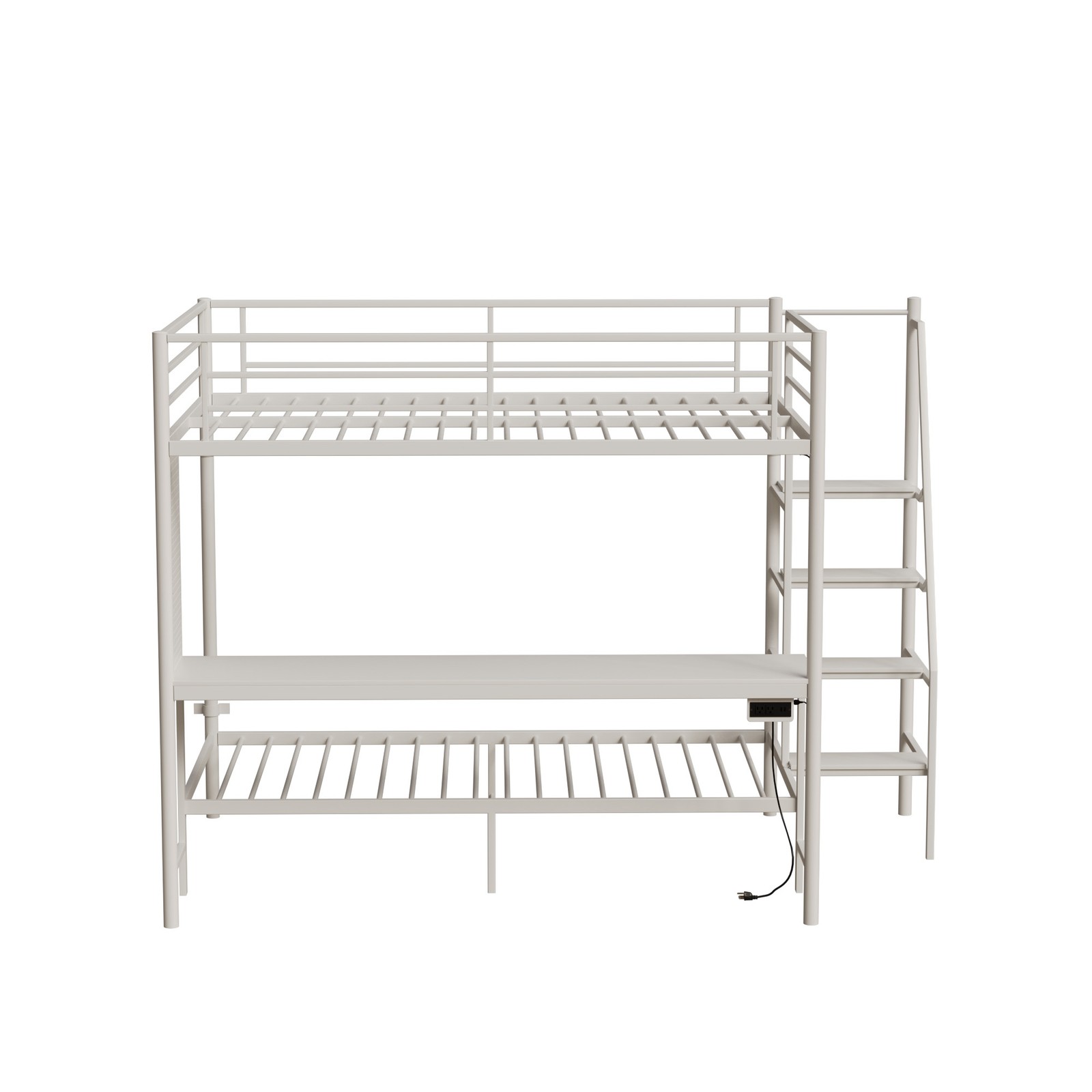 Modern Metal Bunk Bed Full Size White Bed Frame w/LED light and Charging Socket