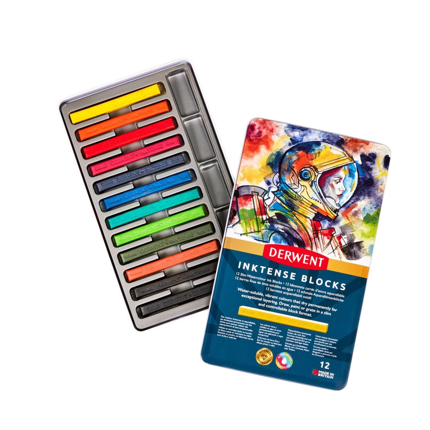 Derwent Inktense Blocks 12 Tin, Set of 12, 8mm Block, Soft Texture, Watersolu...