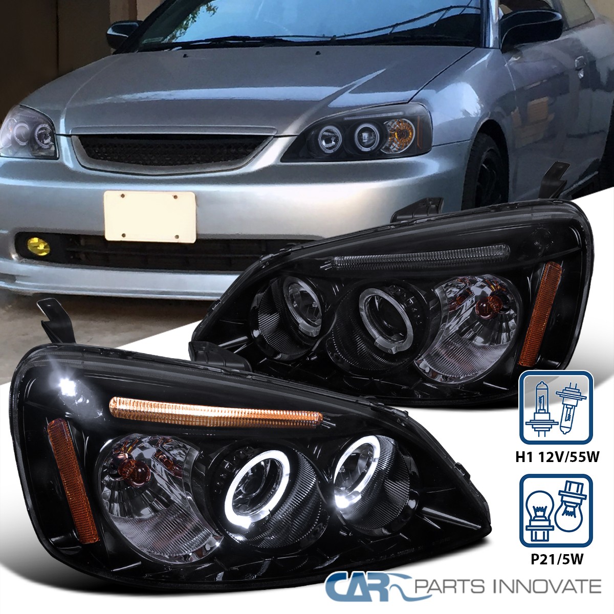 Fits 2001-2003 Honda Civic Halo Smoke Projector Headlights LED Strip Head Lamps