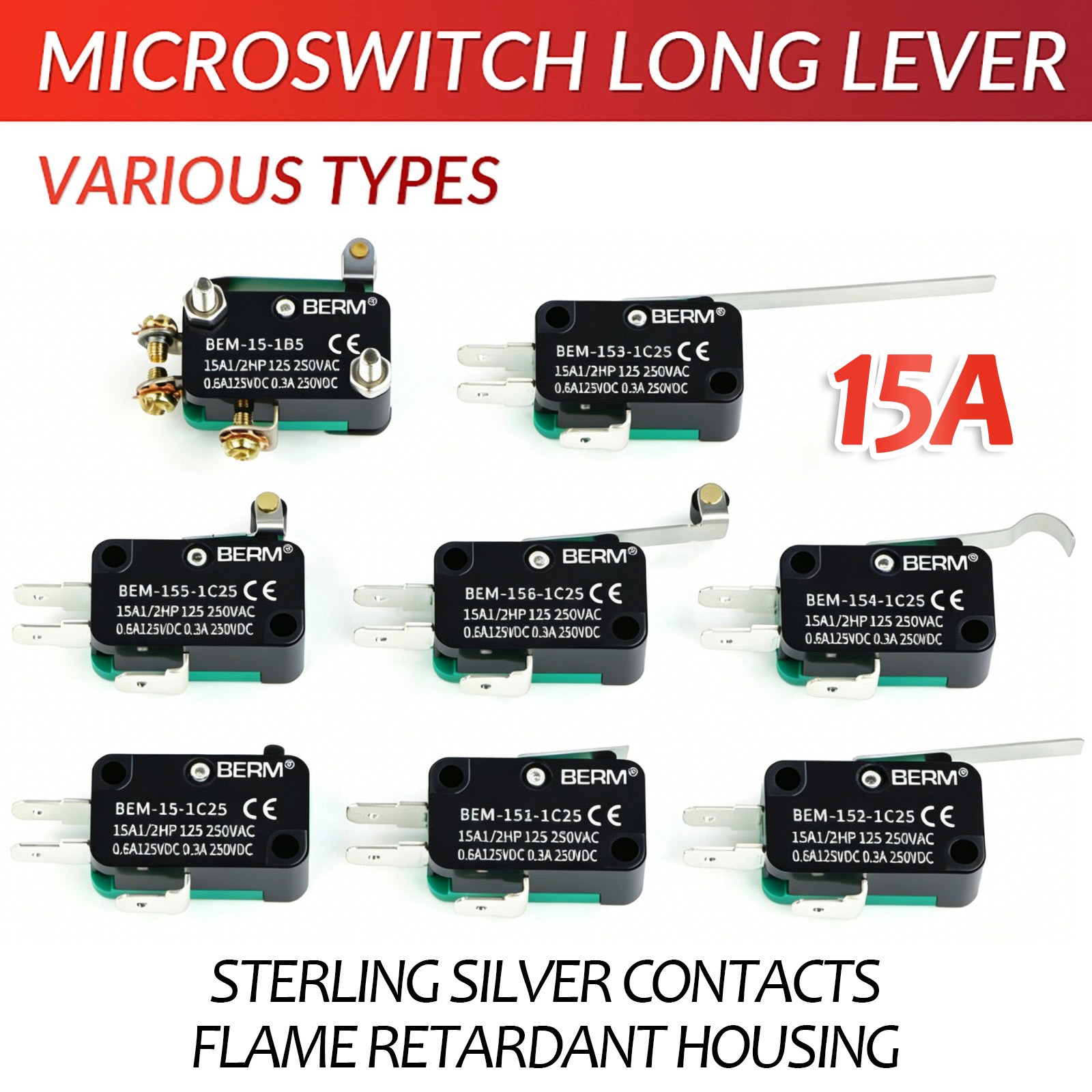 Microswitch Long Lever 15A (SPDT Micro Switch) V-15 to 156-1C25, 250V