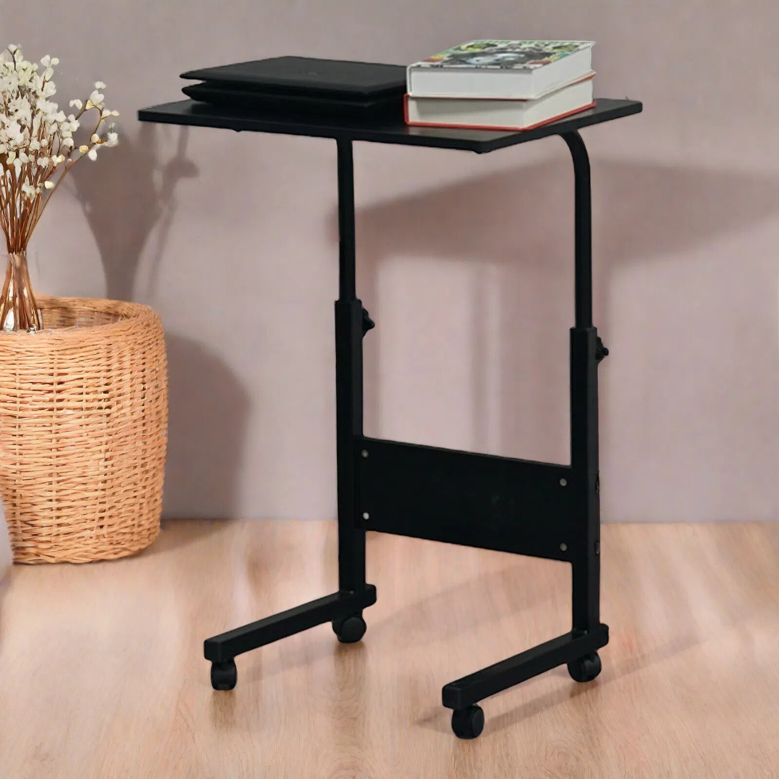 Rolling Laptop Desk - Adjustable Height Black 23.62" Tabletop Portable