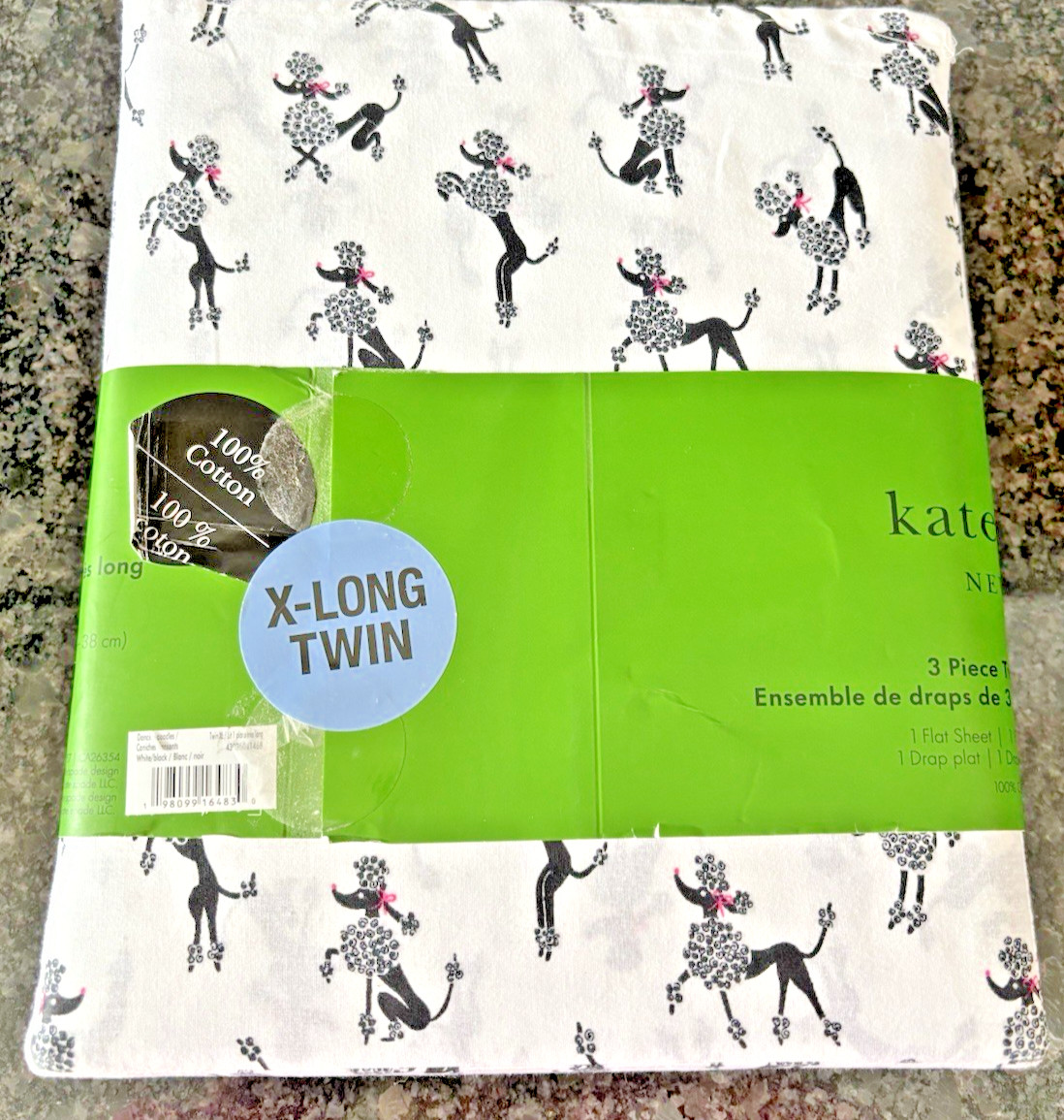 Kate Spade New York 3-Piece Sheet Set X-Long Twin Black Poodle Dorm Room Size