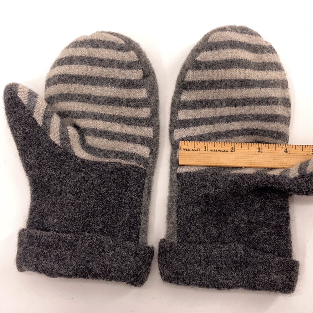 Upcycled Gray Stripe Sweater Mittens Button