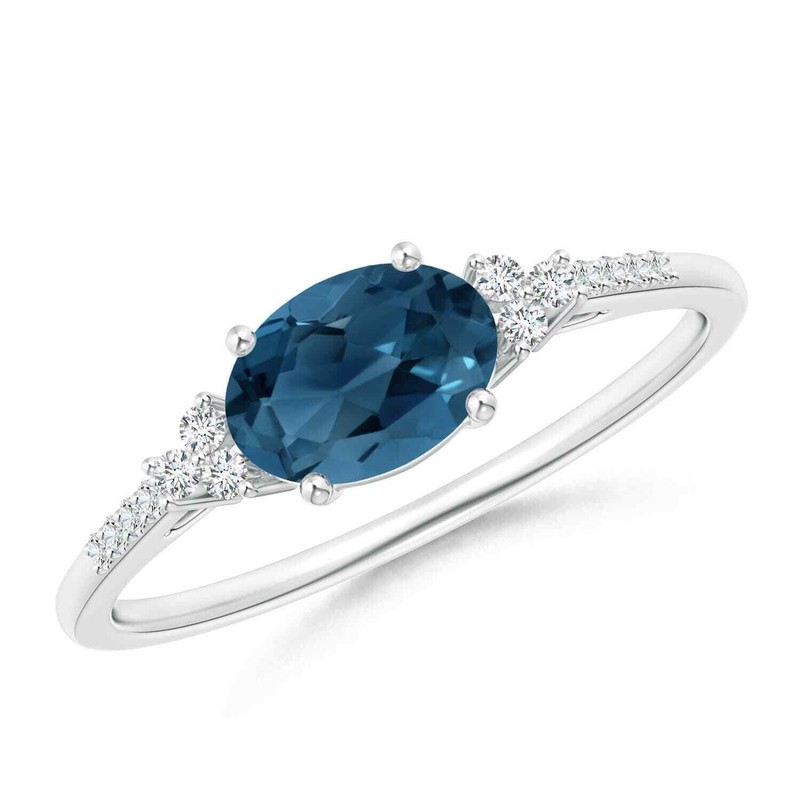 Horizontally Set London Blue Topaz Solitaire Accents Ring 925 Sterling Silver