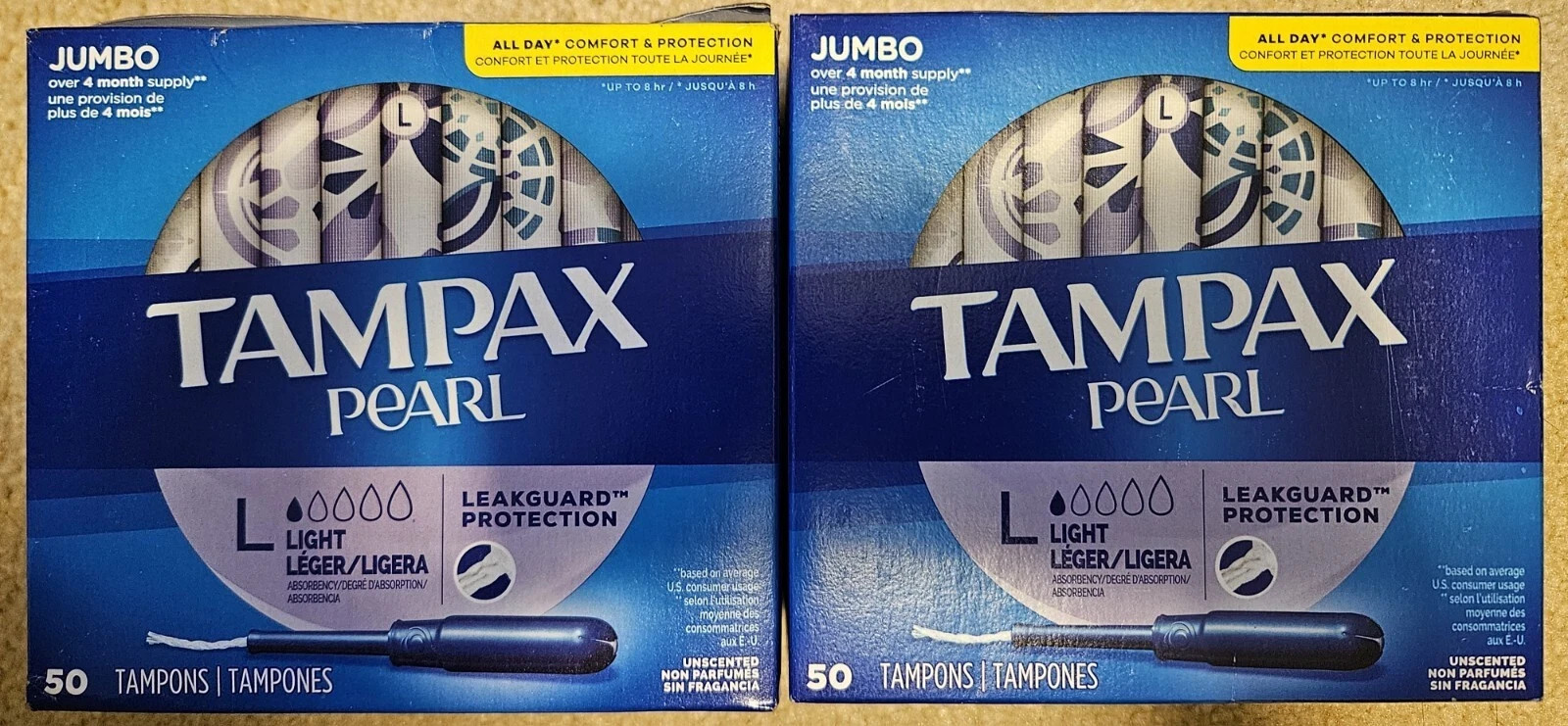 2 Tampax Pearl Tampons Light Absorbency Unscented - Jumbo 50 Pack EACH 100 TOTAL