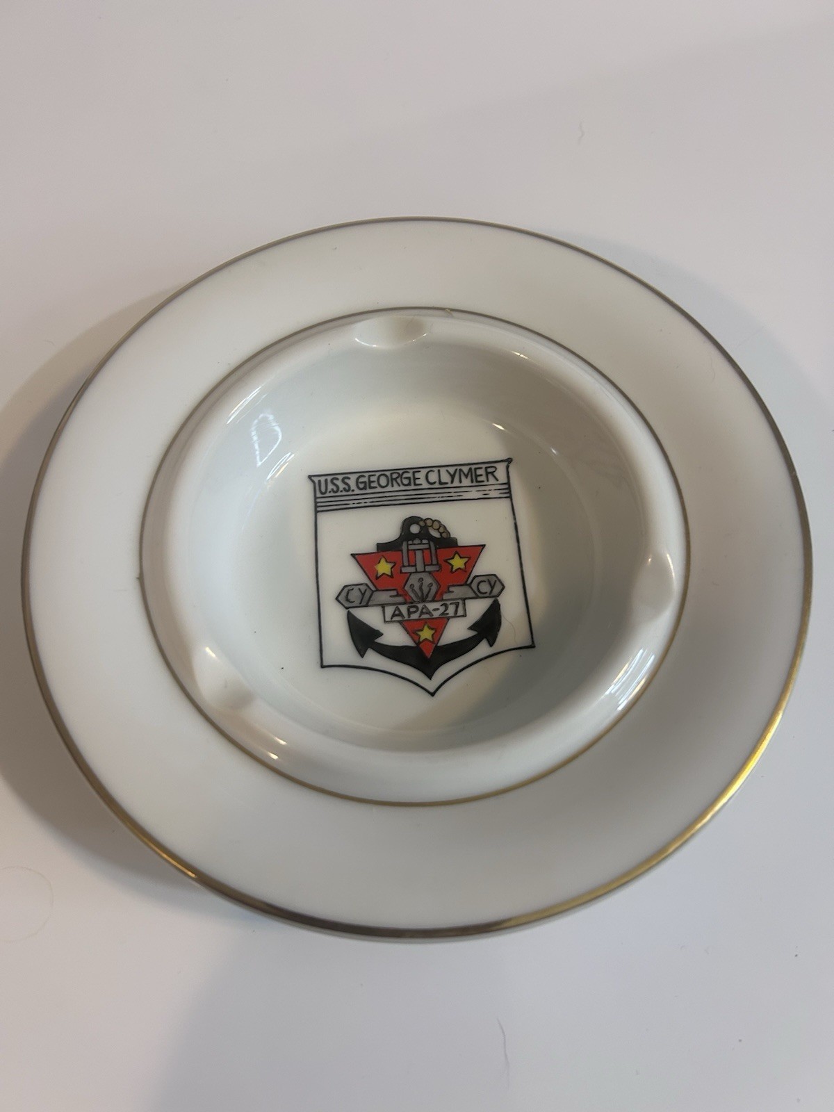 U.S.S George Clymer APA-27 Ashtray 3 Slot Gold Rimmed 6” Hand Painted Ceramic