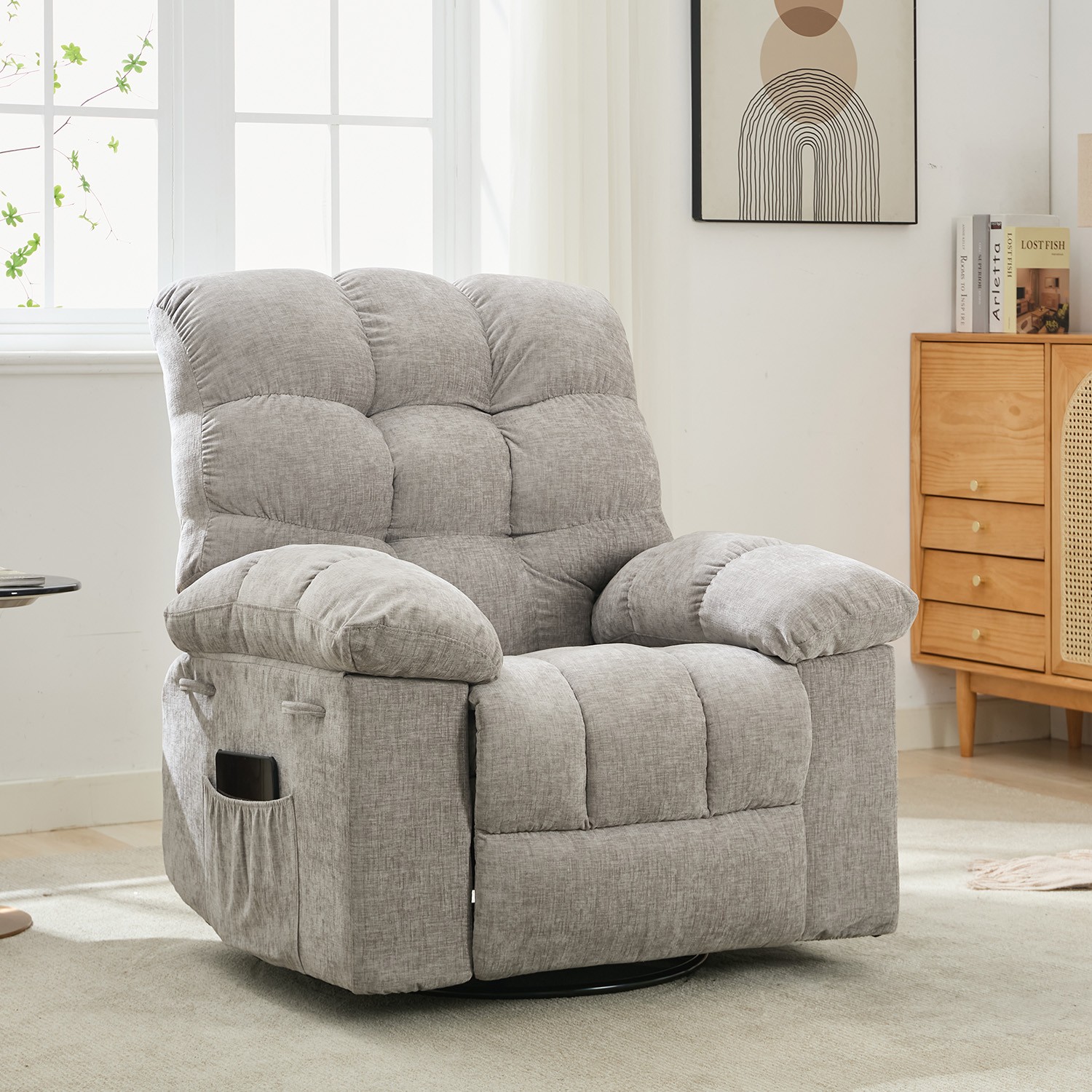 Rocking Recliner Chair Upholstered 360° Swivel Rocker Chair Deep Seat Light Gray