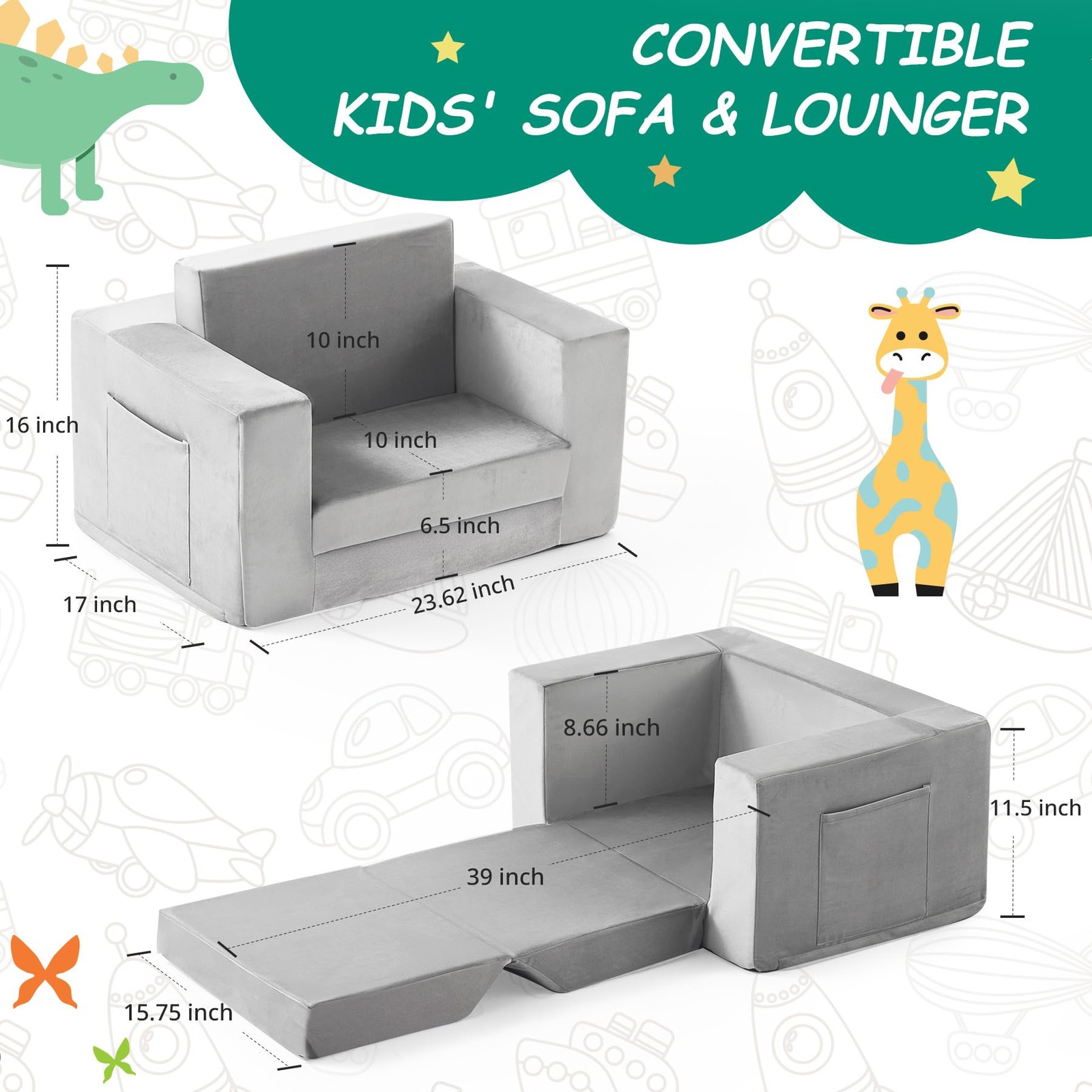 Kids Couch, 2-in-1 Toddler Chair Comfy 1-3 Years Old, Convertible Kids Chair,...