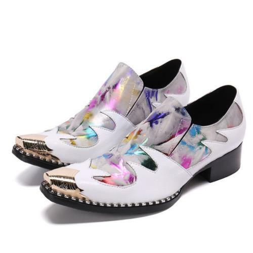Men Fashion Pointy Toe Printed Slip On Leather Shoes Youth Party Dress Shoes FLM