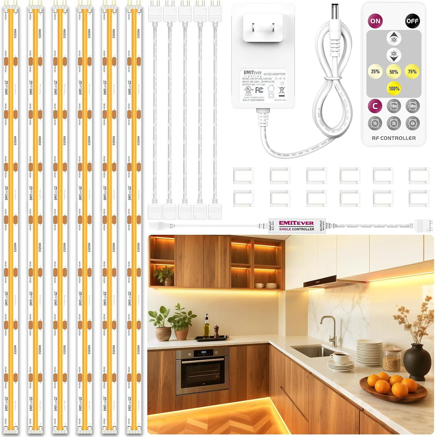 under Cabinet Lighting 6PCS COB LED Strip 3000K Warm White 9.8Ft | UL Listed, 24