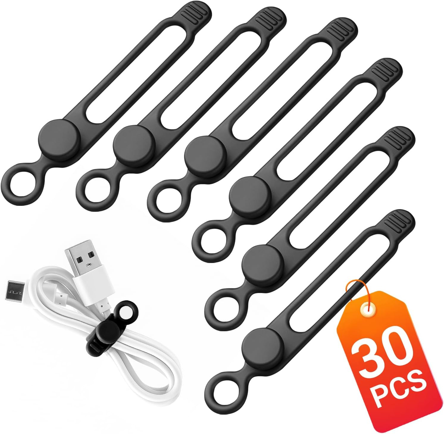 30 Pcs Silicone Cable Ties, Reusable Data Cable Organizer for Home Office | High