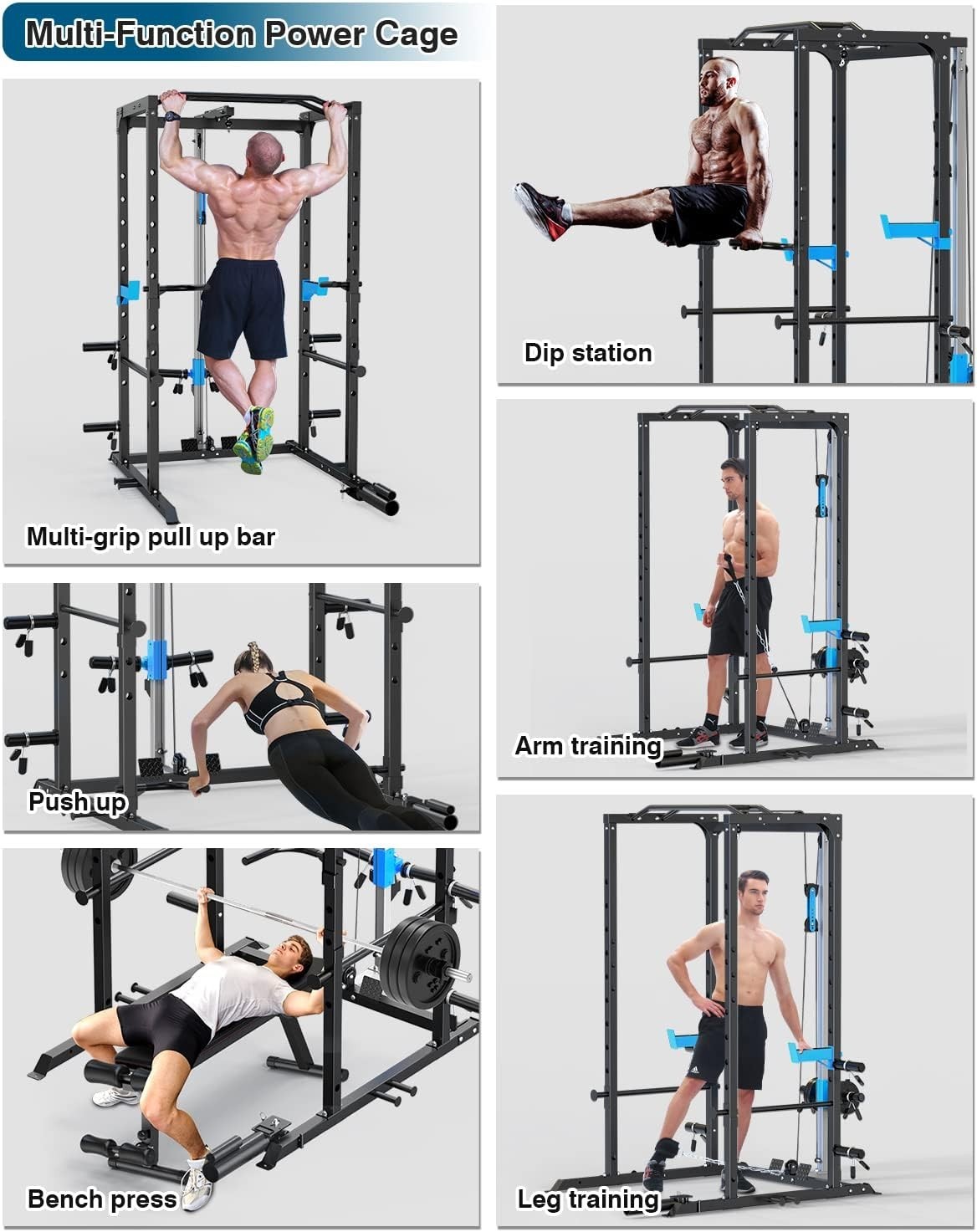Power Rack Cage, Weight Rack with Dual Pulley Cable Crossover Machine,Multi-Func