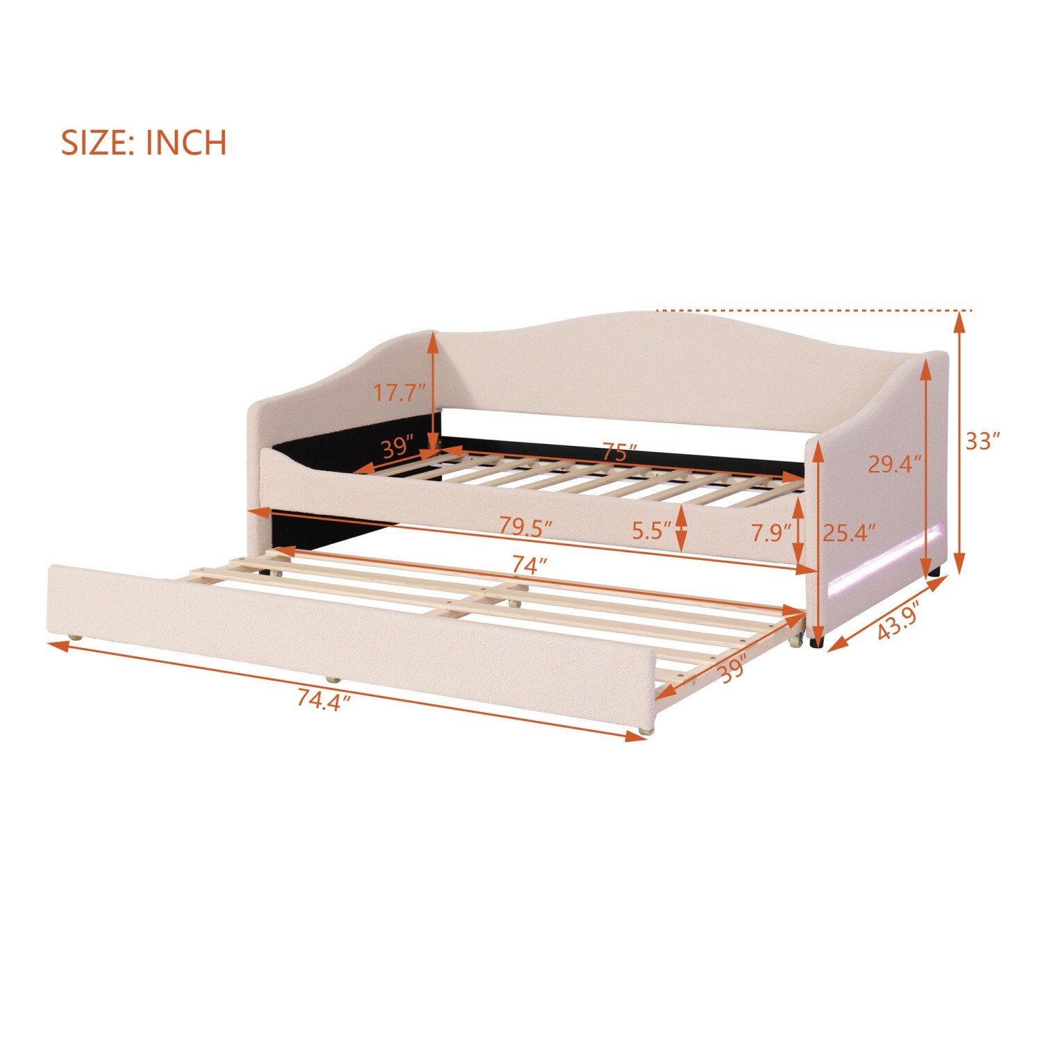 Twin Size Daybed Upholstered Bed Frame Sofa Bed w/ Trundle Bed & LED Lights