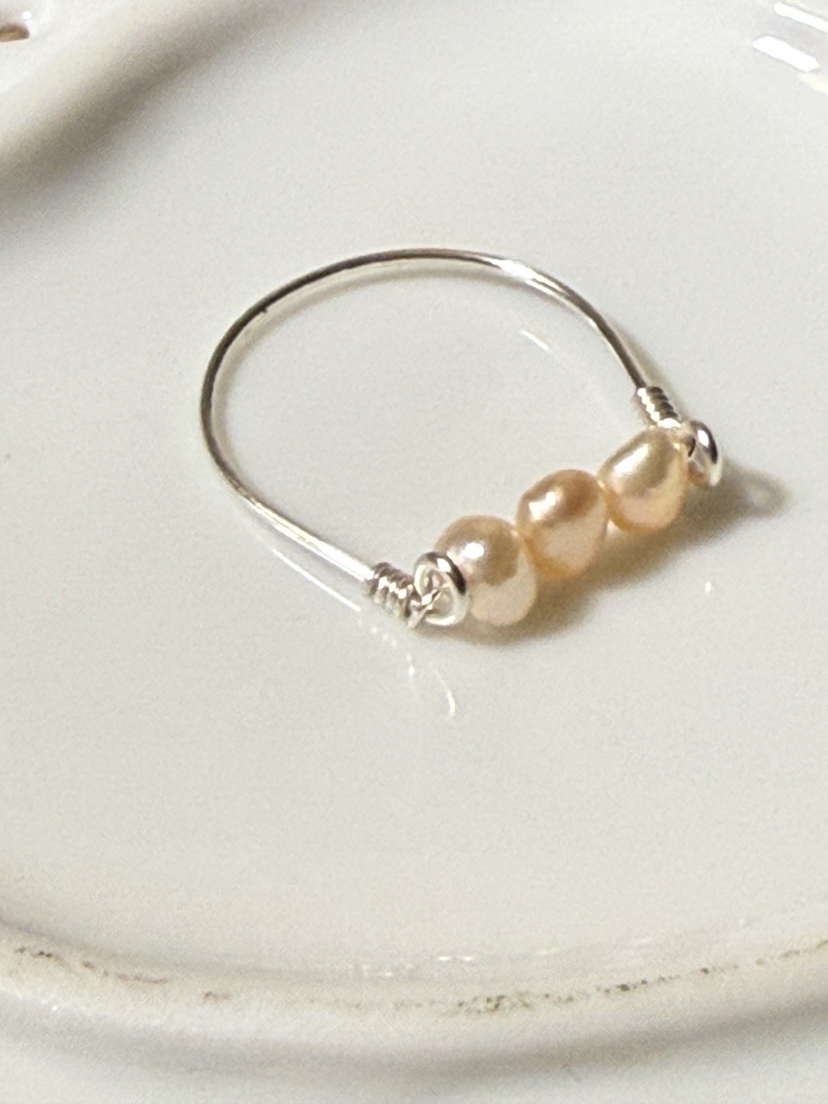 Peach Pearl Ring Handmade Wire Wrapped Silver size 9 Silver Tarnish Resistant