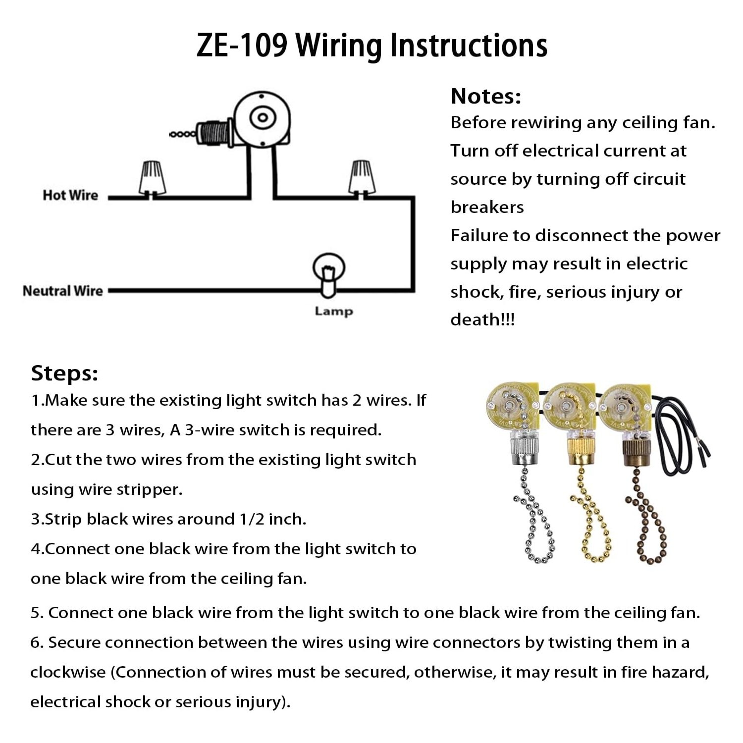 Pull Chain Light Switch for Ceiling Fans and Lamps - 2 Pcs Bronze Replacement
