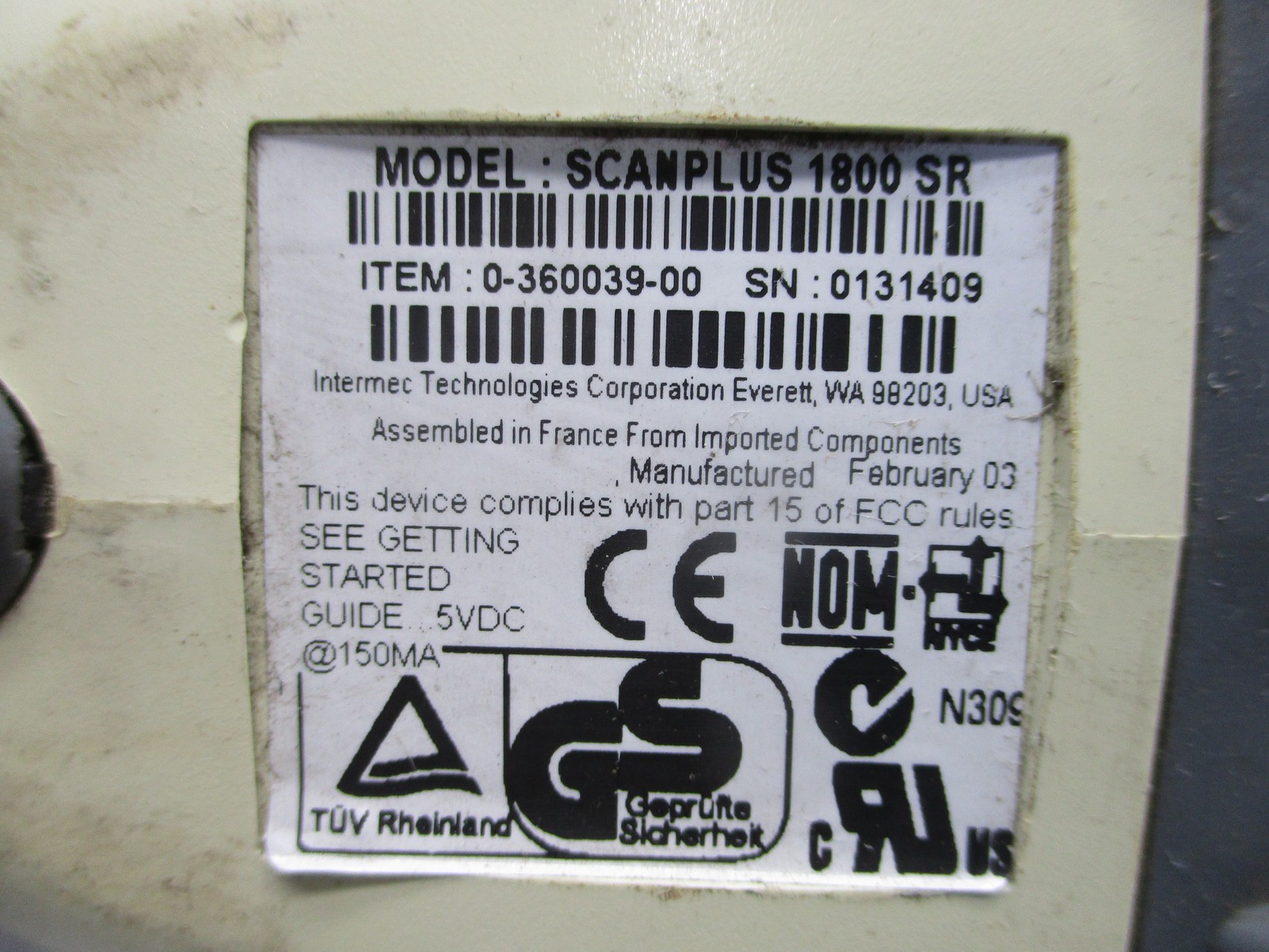 INTERMEC SCANPLUS 1800SR SCANNER W/CABLE (AS PICTURED) NSNP