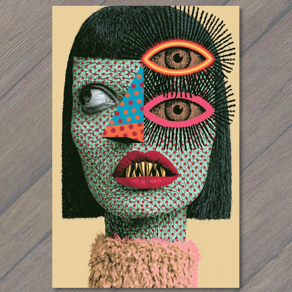 POSTCARD Surreal Woman Three Eyes Sharp Teeth Abstract Face Weird Odd Creepy