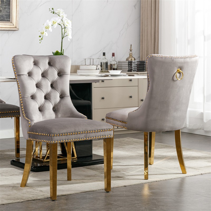 Set of 2 High-end Tufted Velvet Upholstered Dining Chairs with Golden Steel Legs