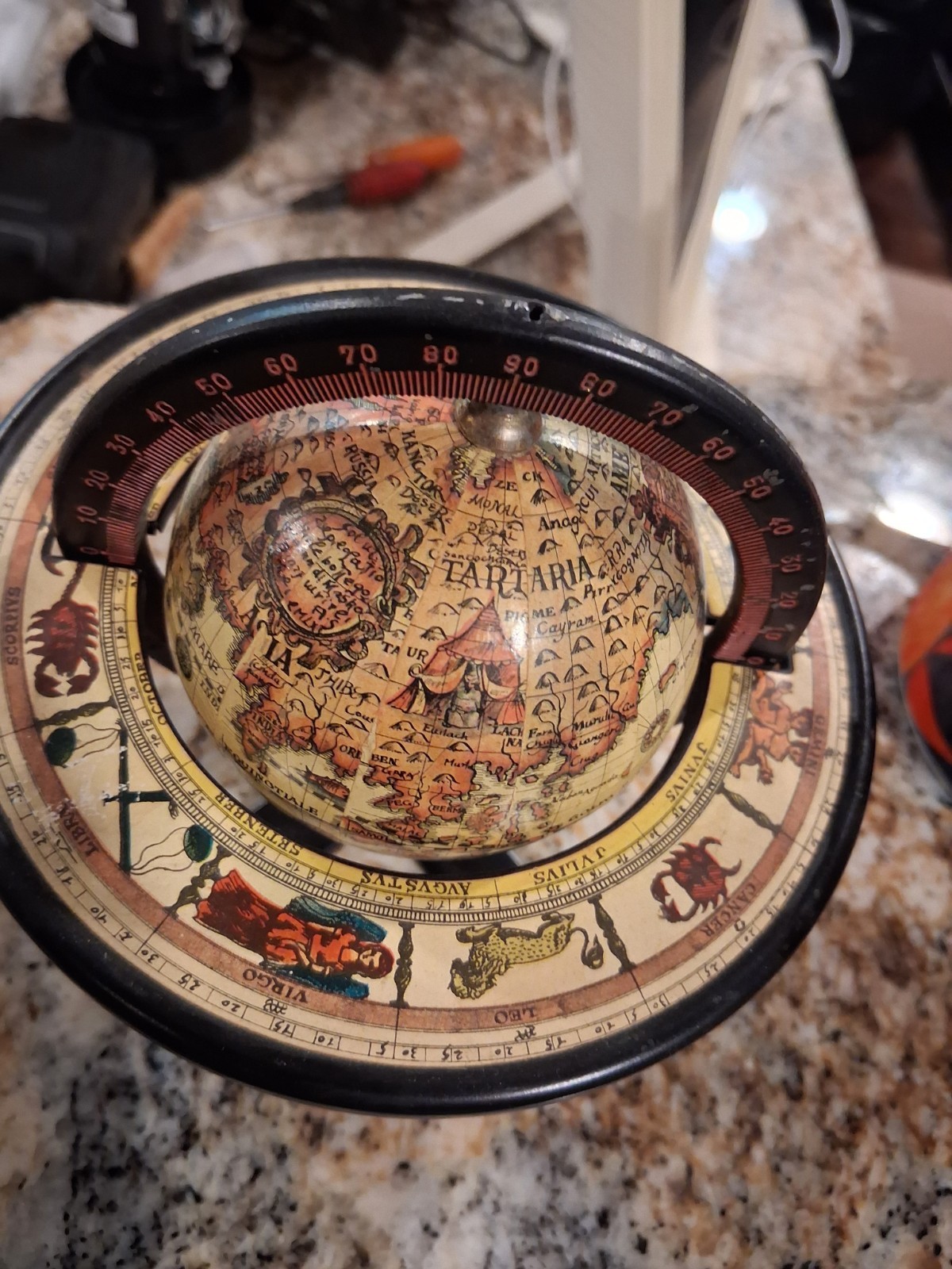 TARTARIAN Vintage Globe Rotating Multicolor Zodiac Base Antique Finish