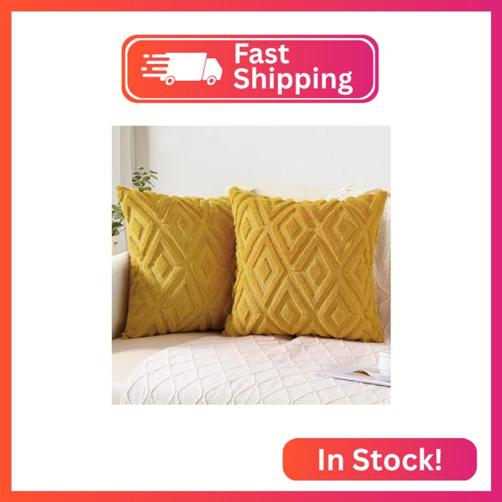 Pallene Summer Mustard Yellow Throw Pillow Covers 20x20 Set of 2, Soft Plush Fau