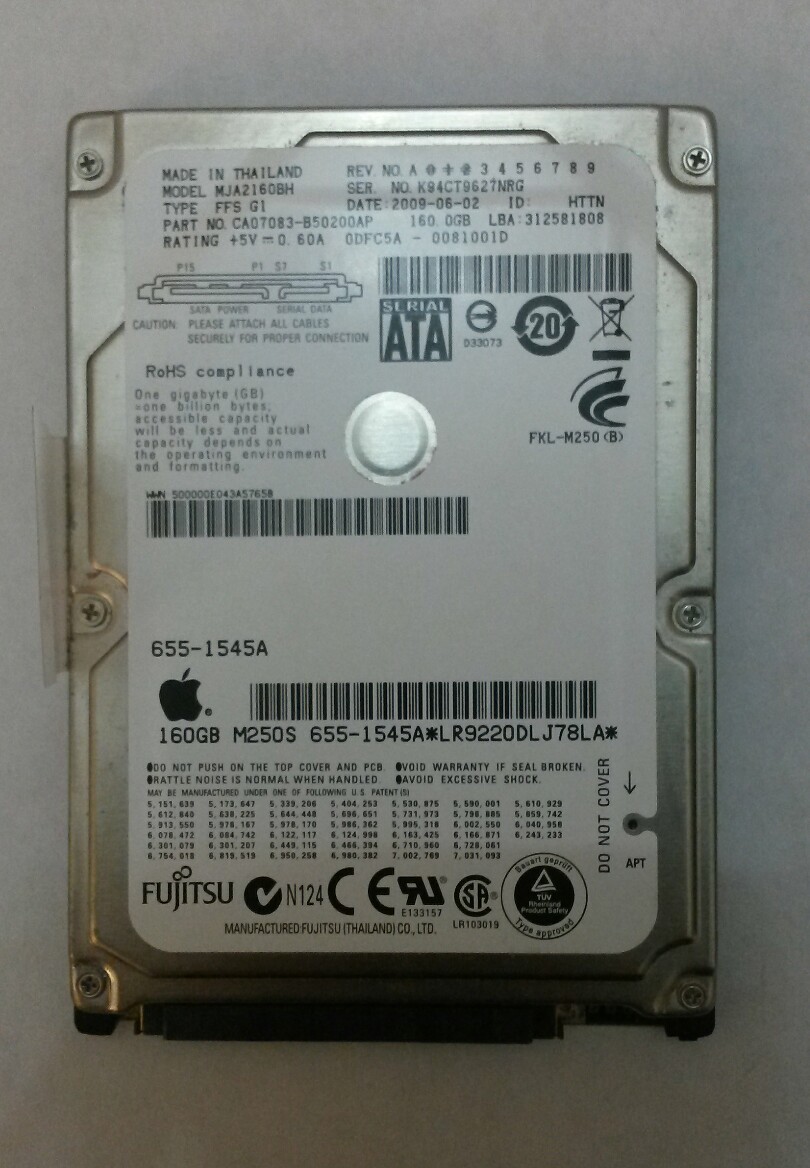 Fujitsu MJA2160BH 160GB SATA Laptop Drive P/N:CA07083-B50200AP S/N:K94CT9627NRG