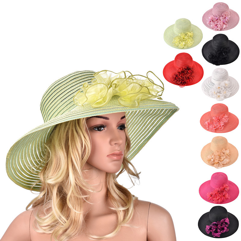 Womens Crin Paper Straw Floral Wide Brim Derby Church Wedding Sun Hat A366