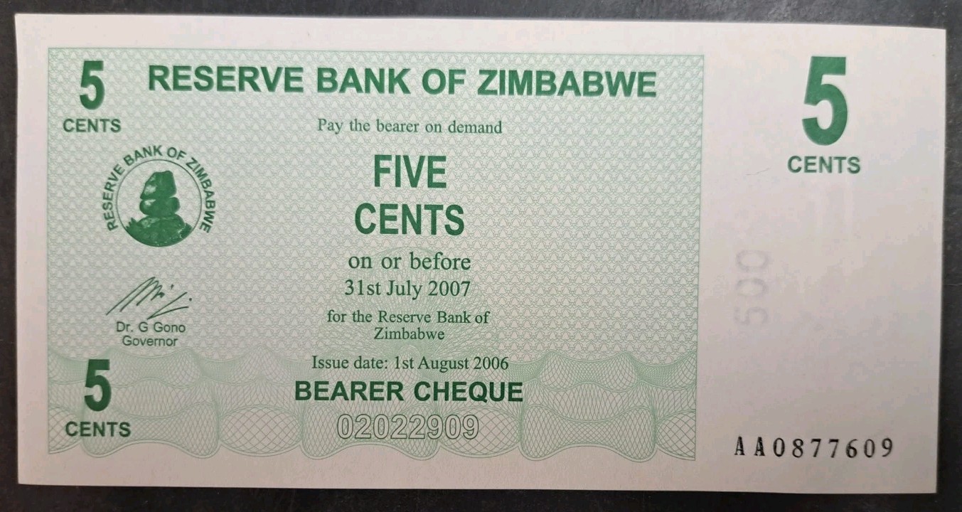 2007 Zimbabwe 5 Cents Bearer Cheque P34, AA08776**.