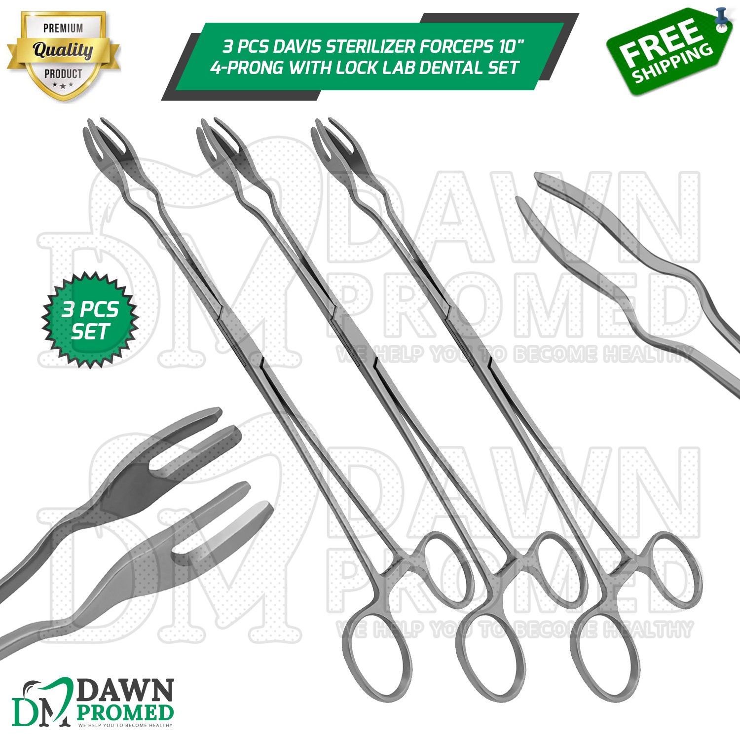 3 Pcs Davis Sterilizer Forceps 10" 4-Prong With Lock Lab Dental Surgical Set