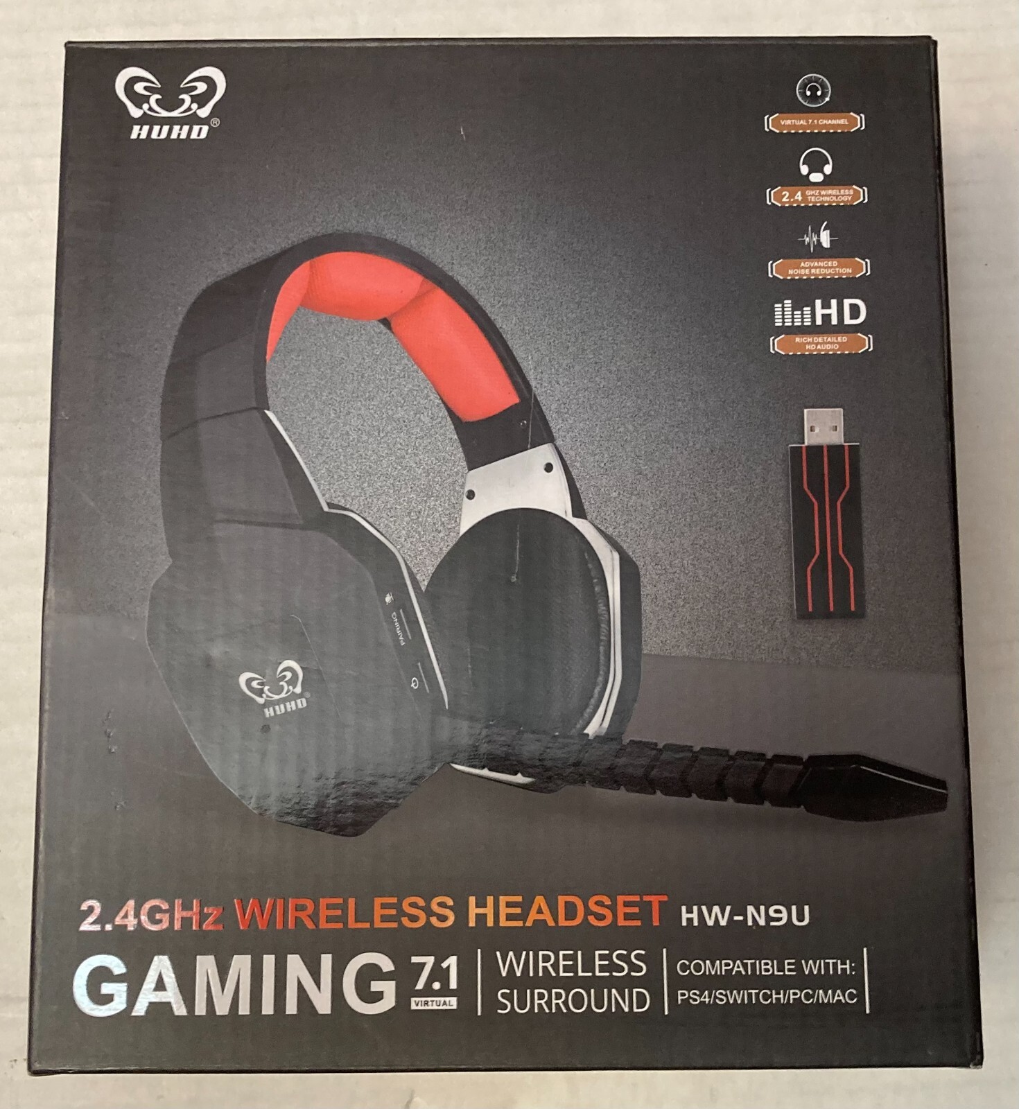 HUHD HW-N9U Wireless Gaming Headset 2.4 GHZ Virtual 7.1 Surround Sound