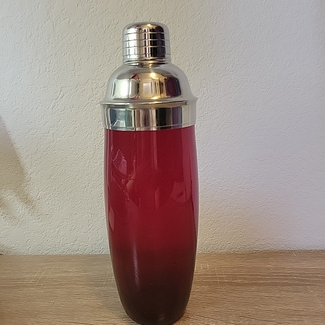 Vintage Ruby Red blown glass Mid Century Modern chrome topper martini shaker