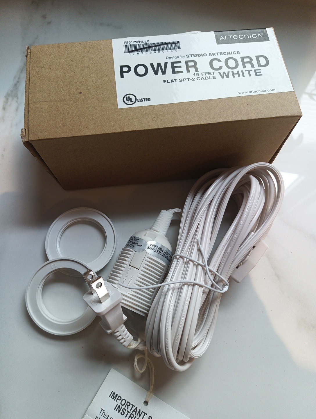 Artecnica Power Cord White 15 Foot/120V F8512WHUL0 Round cord kit for lampshades