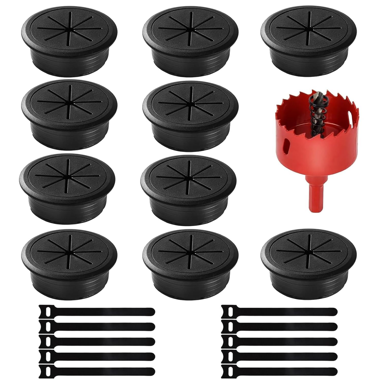 Desk Grommet 2 Inch (50Mm) 10-Pack - Black Cable Grommet with Hole Saw & 10 Zip