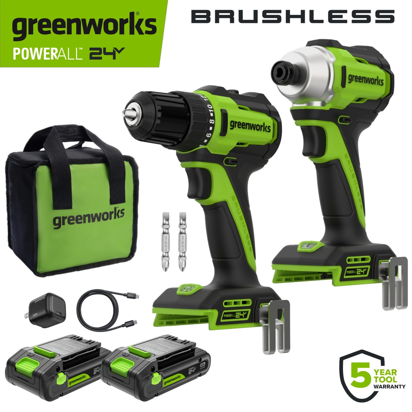 Powerball 24V 3/8" Drill and Impact Driver Combo Kit with USB-C Batteries