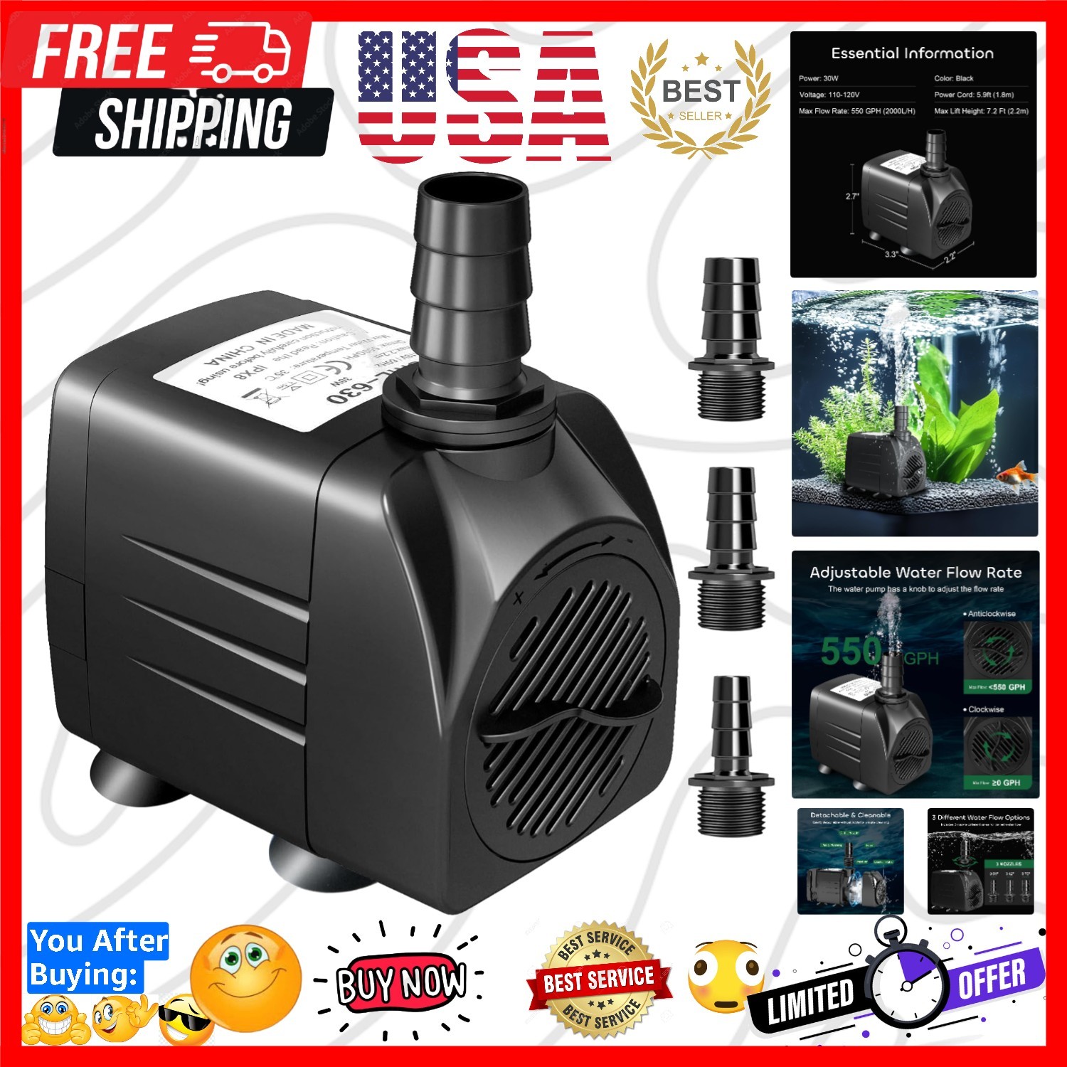 550GPH Submersible Pump 30W Fountain Water Pump, 2000L/H, with 7.2ft High Lif...