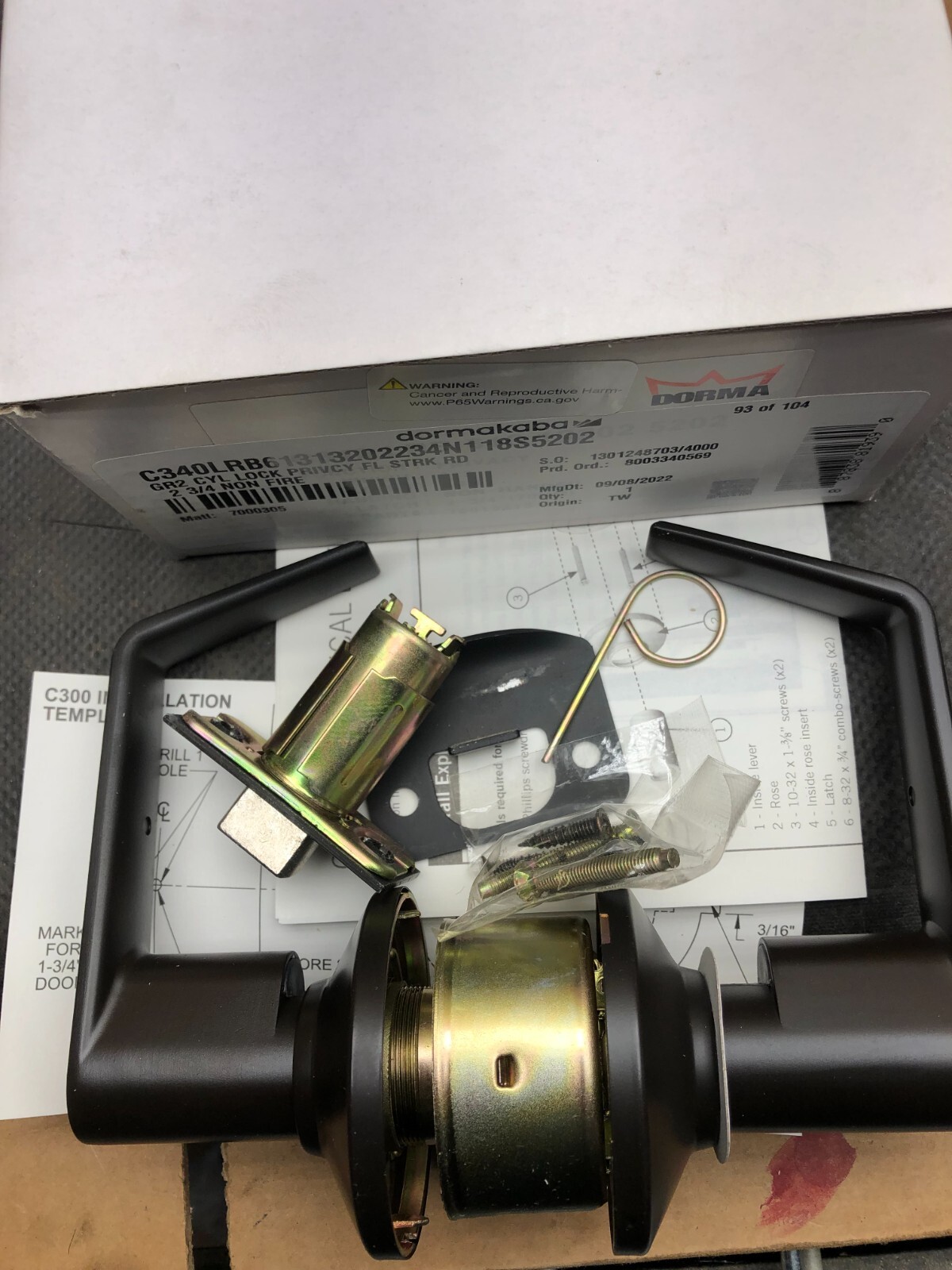DORMA DORMAKABA GR2 CYL LOCK PRIVCY FL STRK RD 2 3/4 NON FIRE